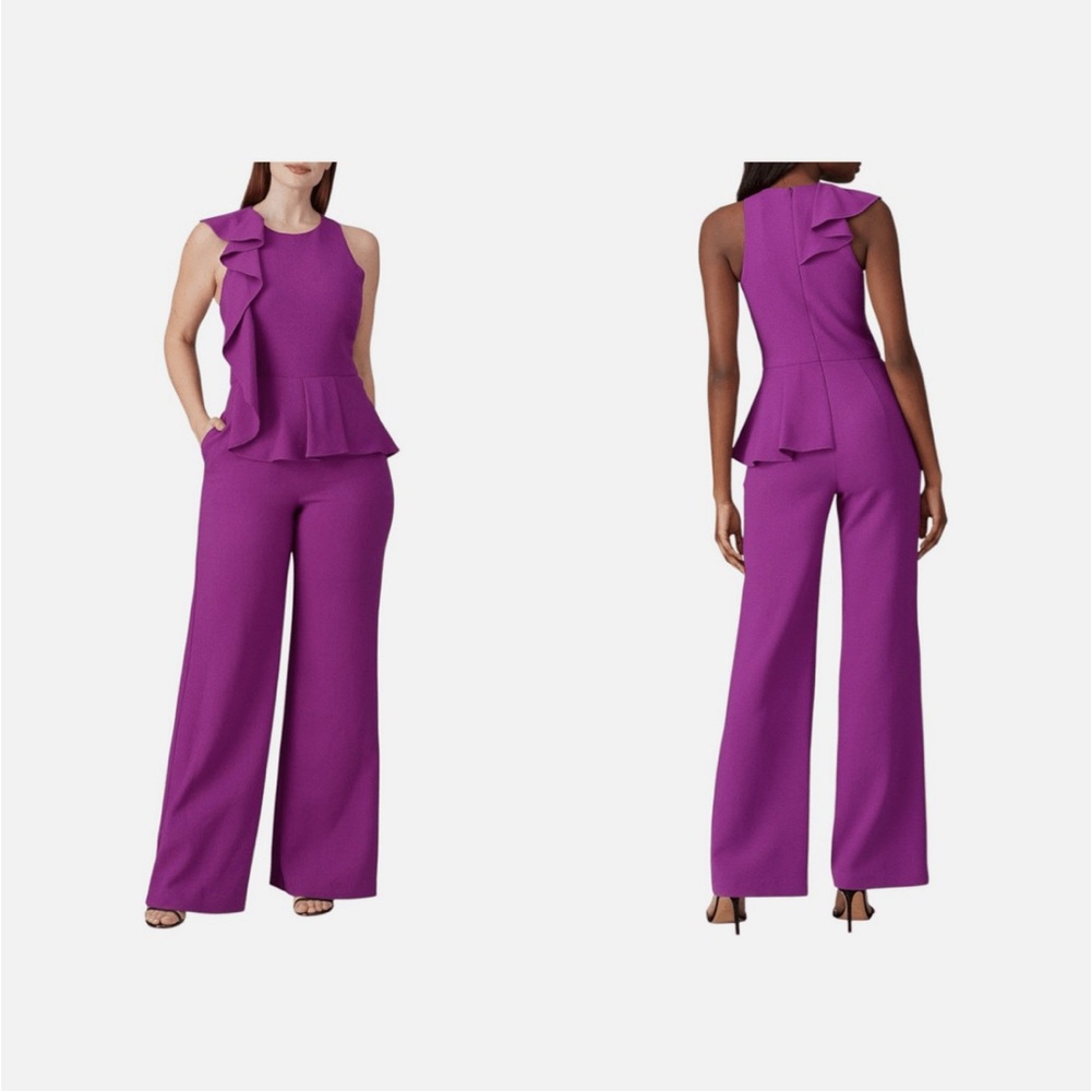 Black Halo Purple Ruffle Peplum Wide-Leg Jumpsuit
